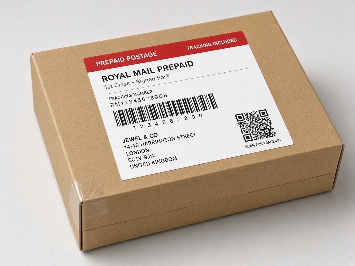 Printed prepaid postage label on a sealed jewellery box