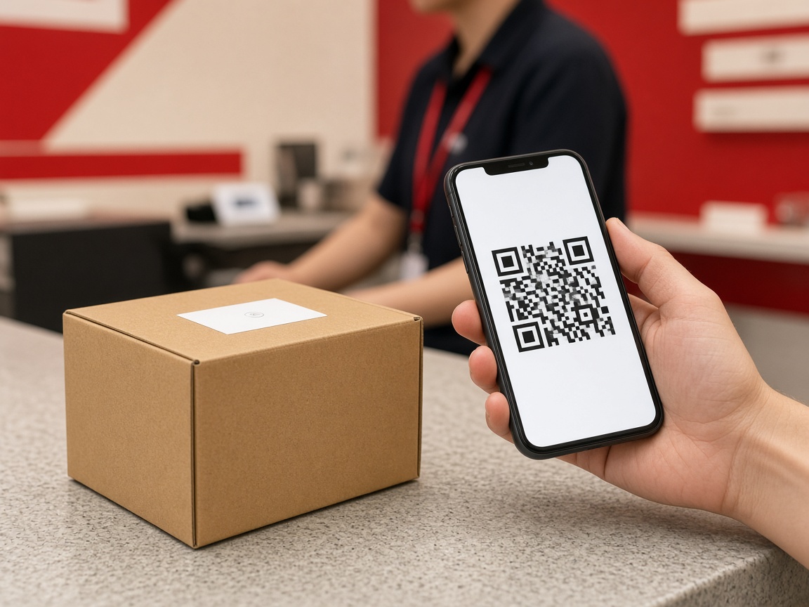 QR code on a phone at a Post Office counter for a prepaid label